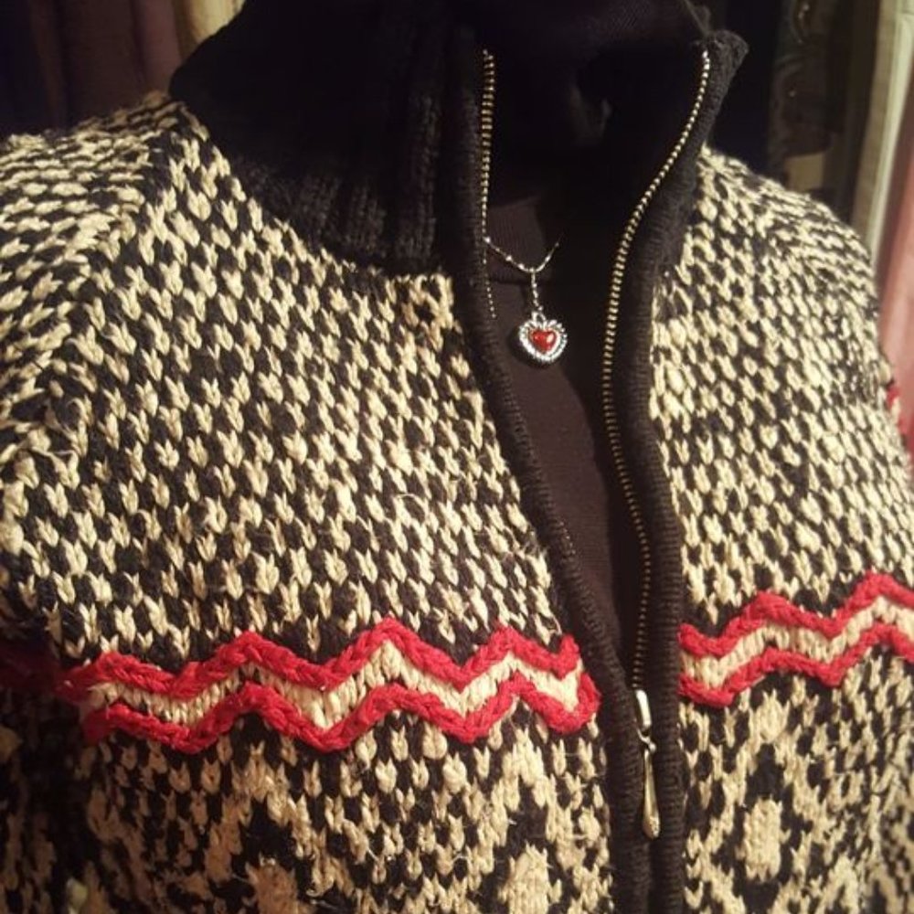 JENNIFER REED ♡ Vintage Hand Knit Heavy Black|Cream|Red Zip Sweater S